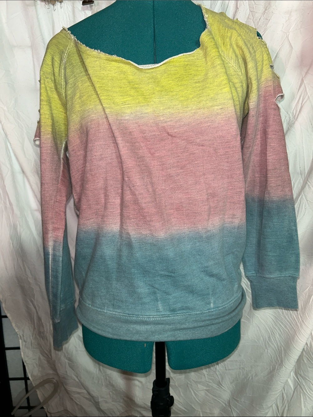 Off-the-Shoulder Ombre Sweatshirt  in Yellow, Pink & Blue  size medium